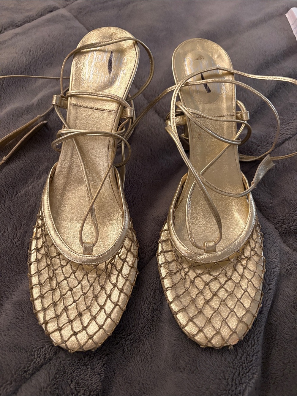 Vintage Rodolphe Menudier Gold Lace-Up Woven Toe Sandals